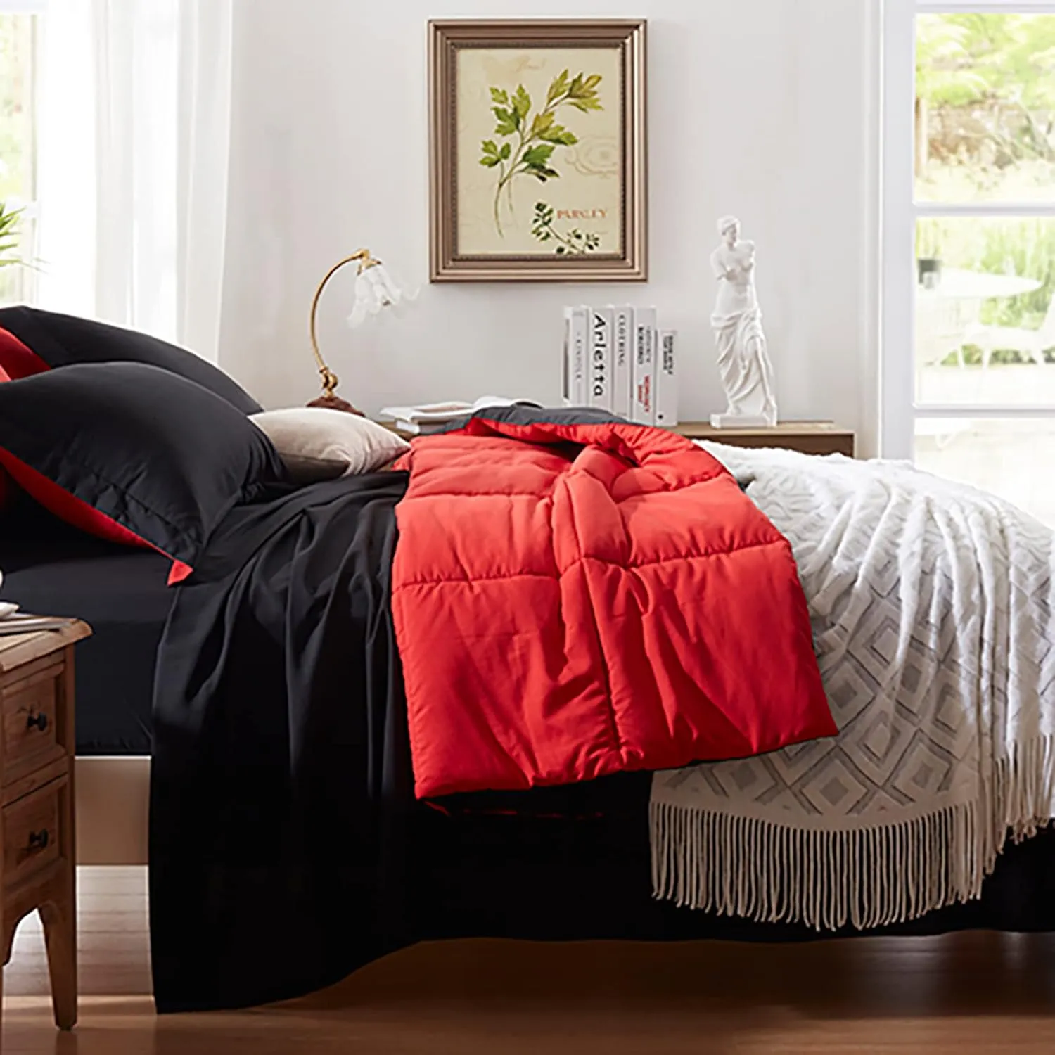 Anluoer King Size Comforter Set 7 Pieces, Black Bed in a Bag Bedding Set with 1 Comforter, 2 Pillow Shams, 2 Pillowcases, 1 Flat Sheet, 1 Fitted Sheet