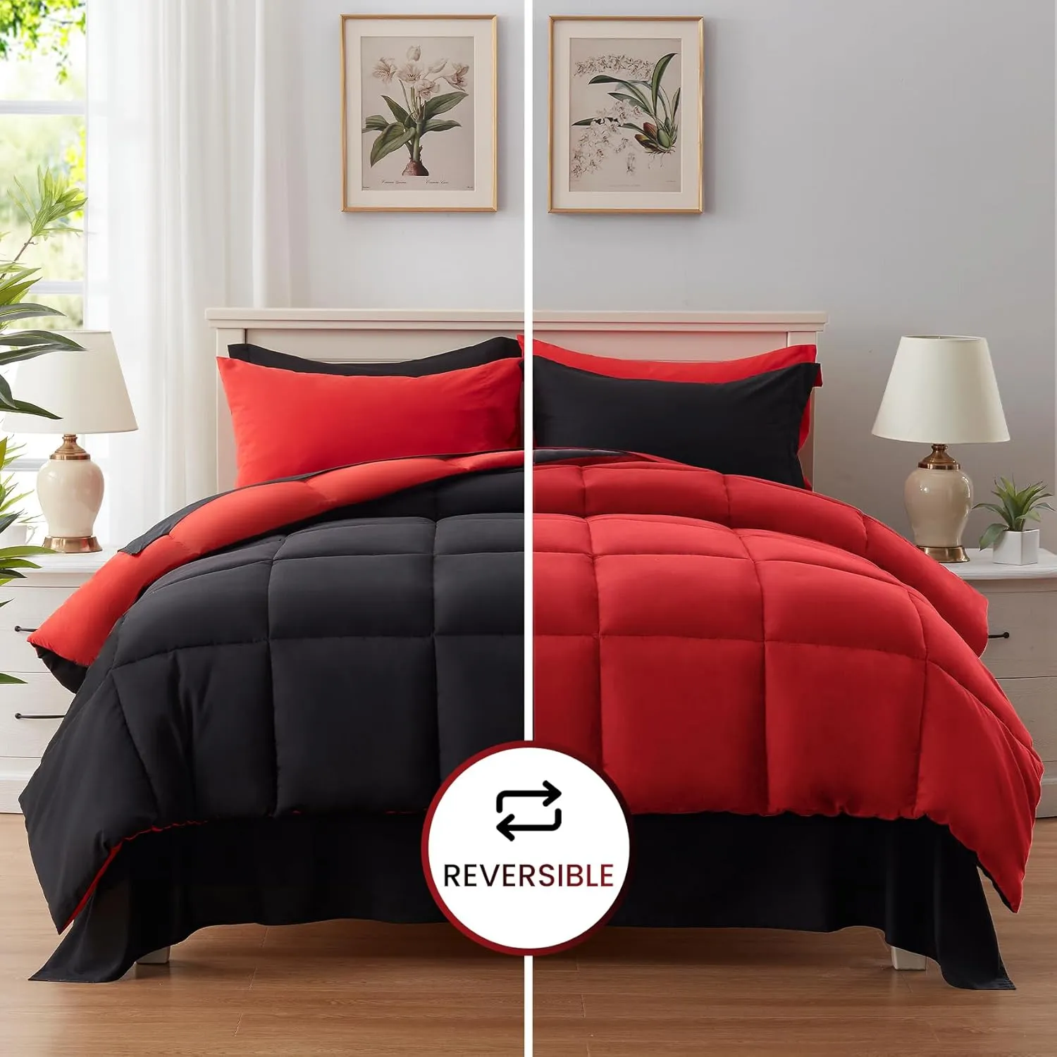 Anluoer King Size Comforter Set 7 Pieces, Black Bed in a Bag Bedding Set with 1 Comforter, 2 Pillow Shams, 2 Pillowcases, 1 Flat Sheet, 1 Fitted Sheet