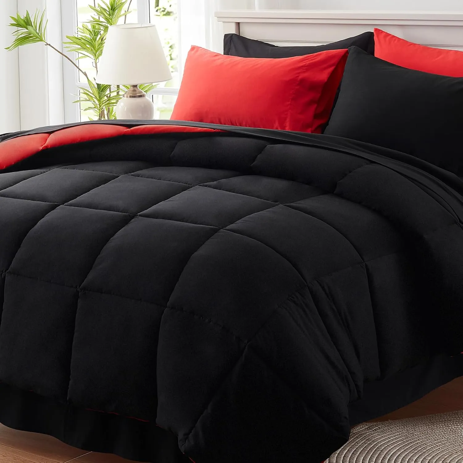 Anluoer King Size Comforter Set 7 Pieces, Black Bed in a Bag Bedding Set with 1 Comforter, 2 Pillow Shams, 2 Pillowcases, 1 Flat Sheet, 1 Fitted Sheet