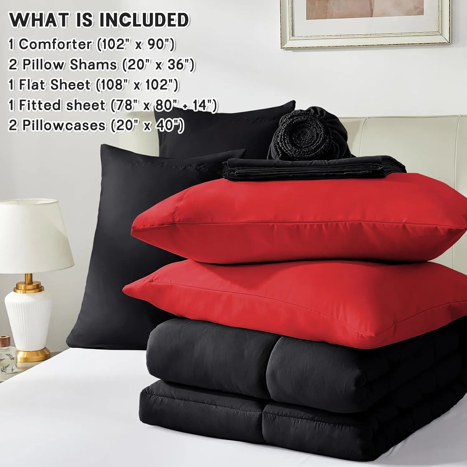Anluoer King Size Comforter Set 7 Pieces, Black Bed in a Bag Bedding Set with 1 Comforter, 2 Pillow Shams, 2 Pillowcases, 1 Flat Sheet, 1 Fitted Sheet