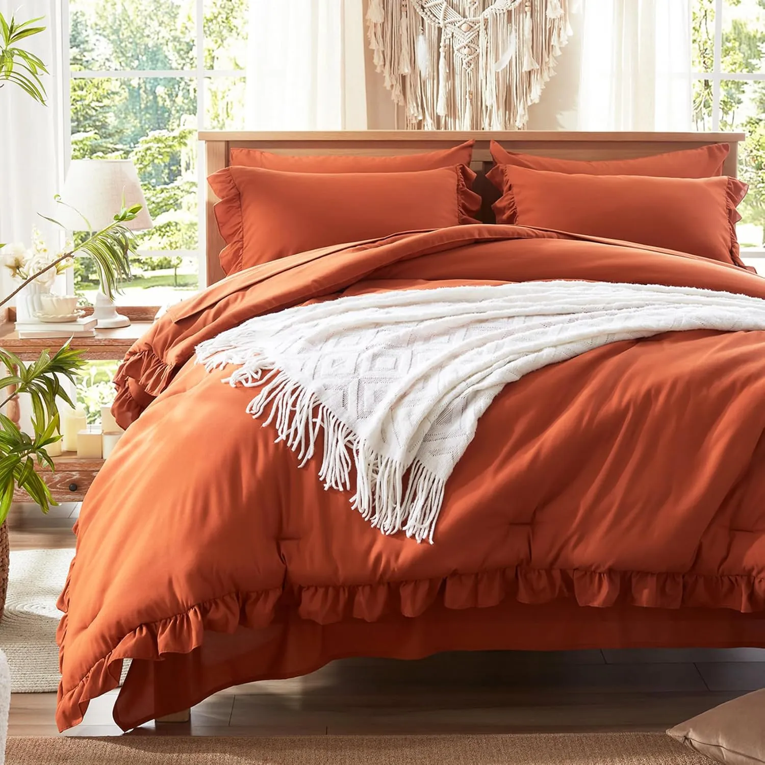 Anluoer Queen Comforter Set 7 Piece, Burnt Orange Bed in a Bag with Sheets, All Season Ruffle Shabby Chic Bedding Sets with 1 Comforter, 2 Pillow Shams, 2 Pillowcases, 1 Flat Sheet, 1 Fitted Sheet