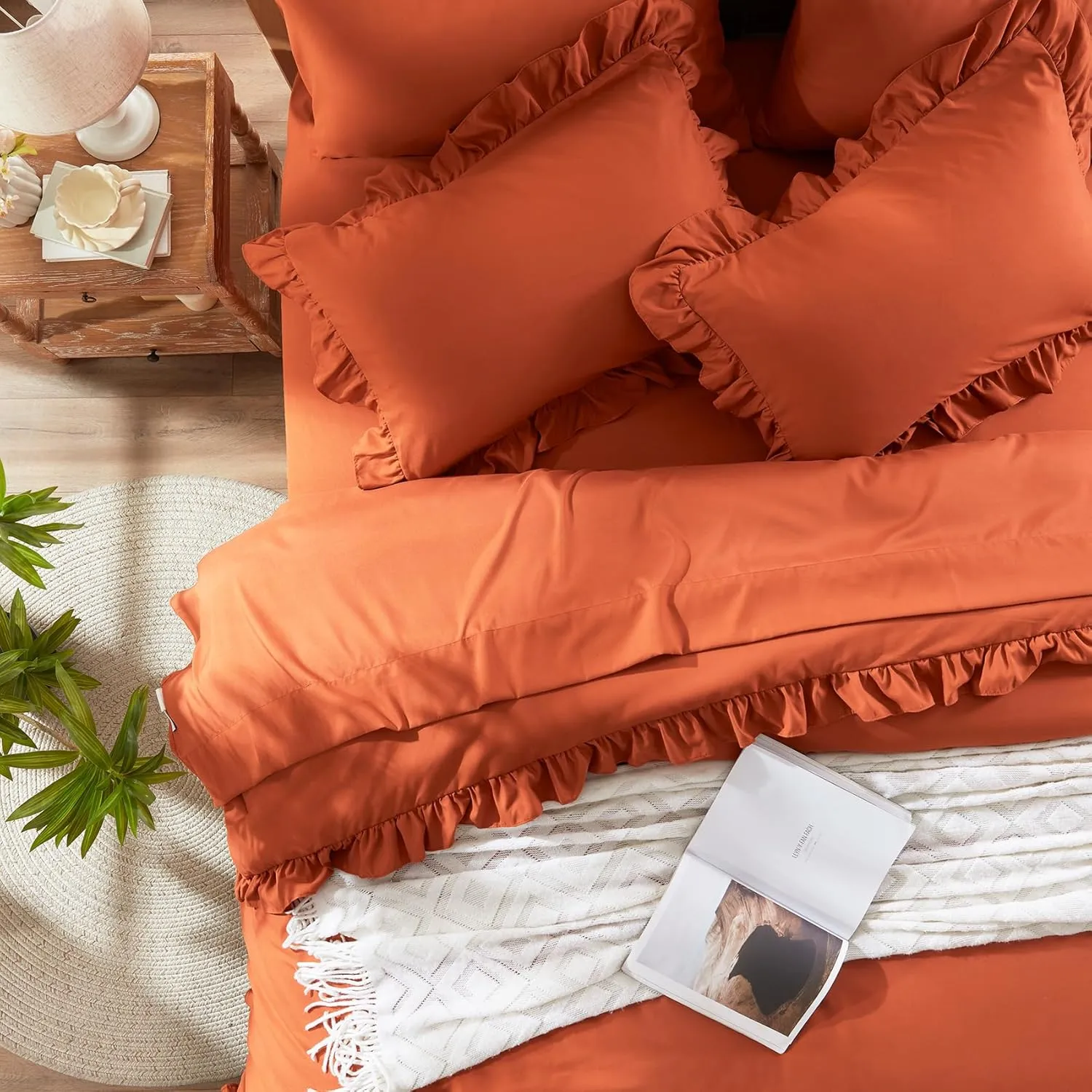 Anluoer Queen Comforter Set 7 Piece, Burnt Orange Bed in a Bag with Sheets, All Season Ruffle Shabby Chic Bedding Sets with 1 Comforter, 2 Pillow Shams, 2 Pillowcases, 1 Flat Sheet, 1 Fitted Sheet