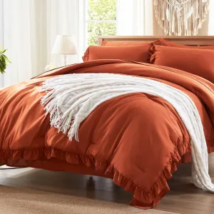 Anluoer Queen Comforter Set 7 Piece, Burnt Orange Bed in a Bag with Sheets, All Season Ruffle Shabby Chic Bedding Sets with 1 Comforter, 2 Pillow Shams, 2 Pillowcases, 1 Flat Sheet, 1 Fitted Sheet