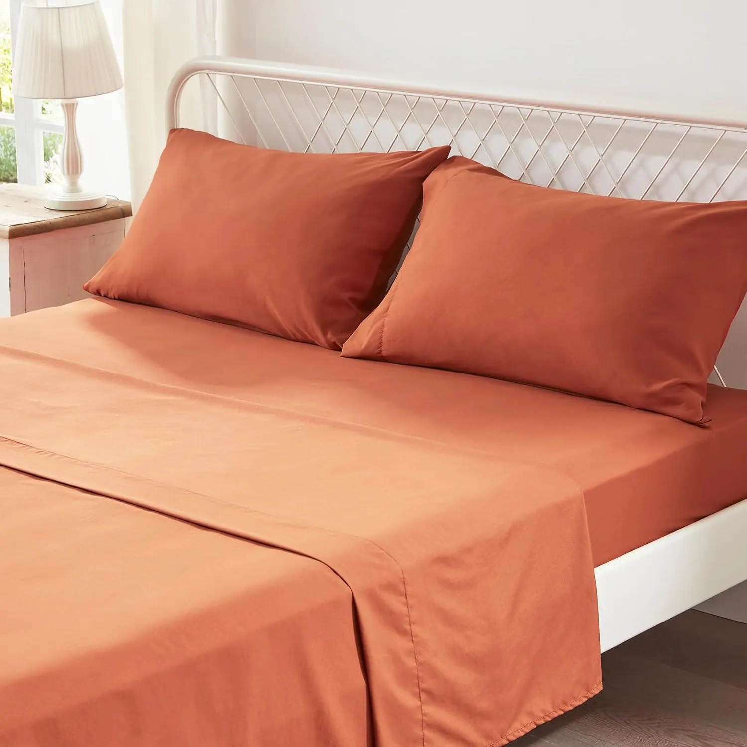 Anluoer Queen Comforter Set 7 Piece, Burnt Orange Bed in a Bag with Sheets, All Season Ruffle Shabby Chic Bedding Sets with 1 Comforter, 2 Pillow Shams, 2 Pillowcases, 1 Flat Sheet, 1 Fitted Sheet