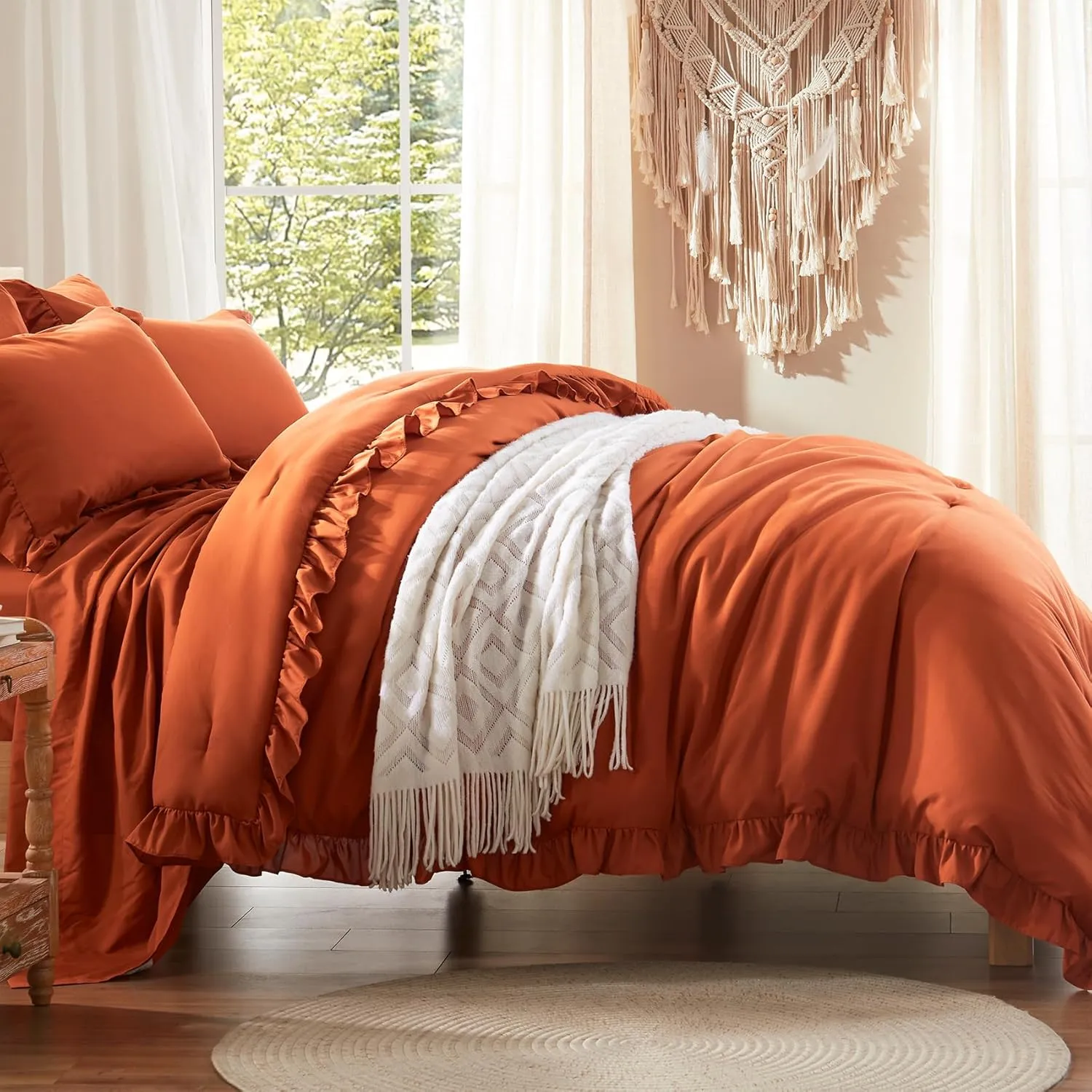 Anluoer Queen Comforter Set 7 Piece, Burnt Orange Bed in a Bag with Sheets, All Season Ruffle Shabby Chic Bedding Sets with 1 Comforter, 2 Pillow Shams, 2 Pillowcases, 1 Flat Sheet, 1 Fitted Sheet