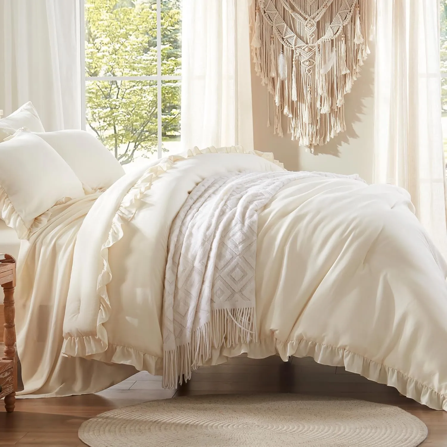 Anluoer Queen Comforter Set 7 Piece, Cream Bed in a Bag with Sheets, All Season Ruffle Shabby Chic Bedding Sets with 1 Comforter, 2 Pillow Shams, 2 Pillowcases, 1 Flat Sheet, 1 Fitted Sheet