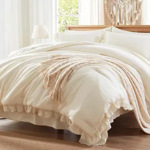 Anluoer Queen Comforter Set 7 Piece, Cream Bed in a Bag with Sheets, All Season Ruffle Shabby Chic Bedding Sets with 1 Comforter, 2 Pillow Shams, 2 Pillowcases, 1 Flat Sheet, 1 Fitted Sheet