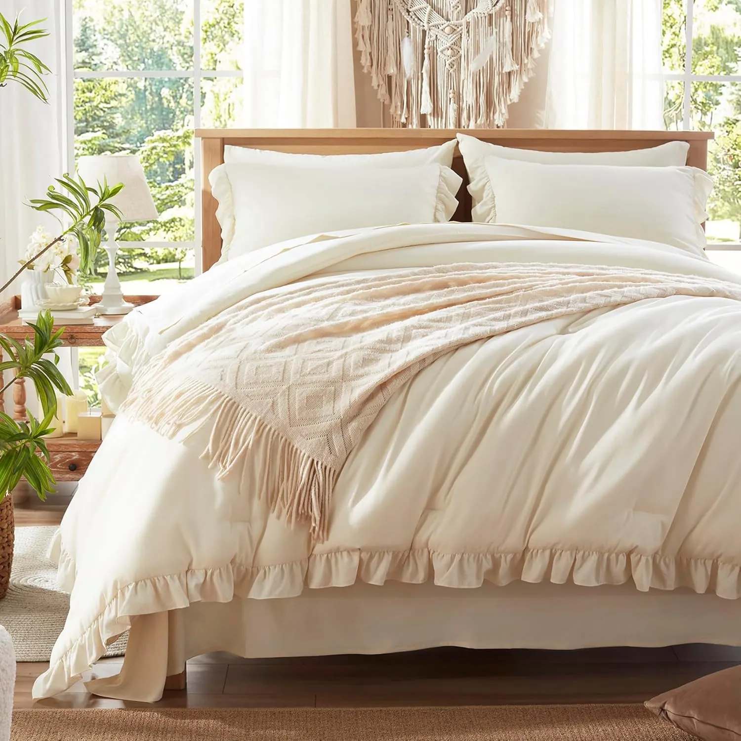 Anluoer Queen Comforter Set 7 Piece, Cream Bed in a Bag with Sheets, All Season Ruffle Shabby Chic Bedding Sets with 1 Comforter, 2 Pillow Shams, 2 Pillowcases, 1 Flat Sheet, 1 Fitted Sheet