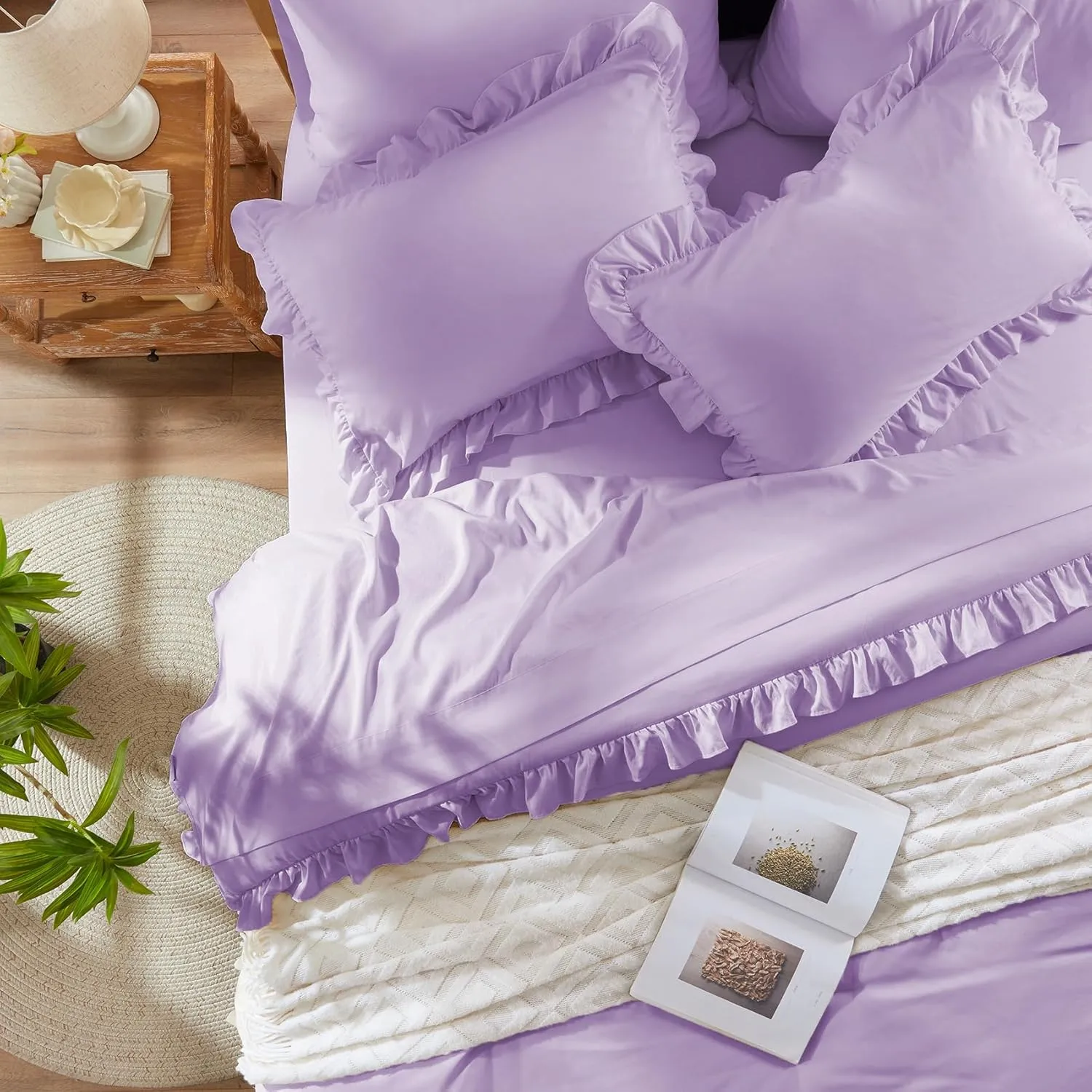 Anluoer Queen Comforter Set 7 Piece, Lavender Bed in a Bag with Sheets, All Season Ruffle Shabby Chic Bedding Sets with Comforter, Pillow Shams, Pillowcases, Flat Sheet, Fitted Sheet