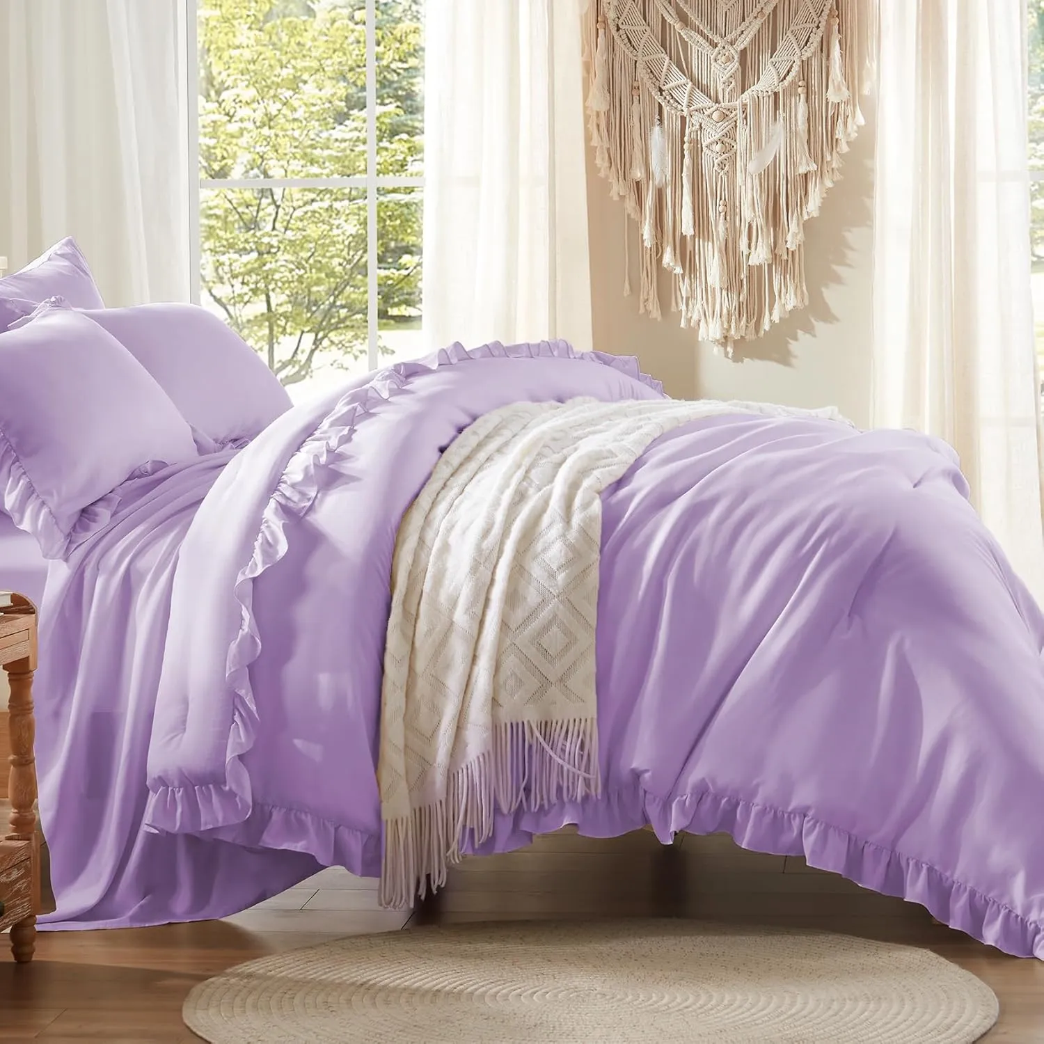 Anluoer Queen Comforter Set 7 Piece, Lavender Bed in a Bag with Sheets, All Season Ruffle Shabby Chic Bedding Sets with Comforter, Pillow Shams, Pillowcases, Flat Sheet, Fitted Sheet