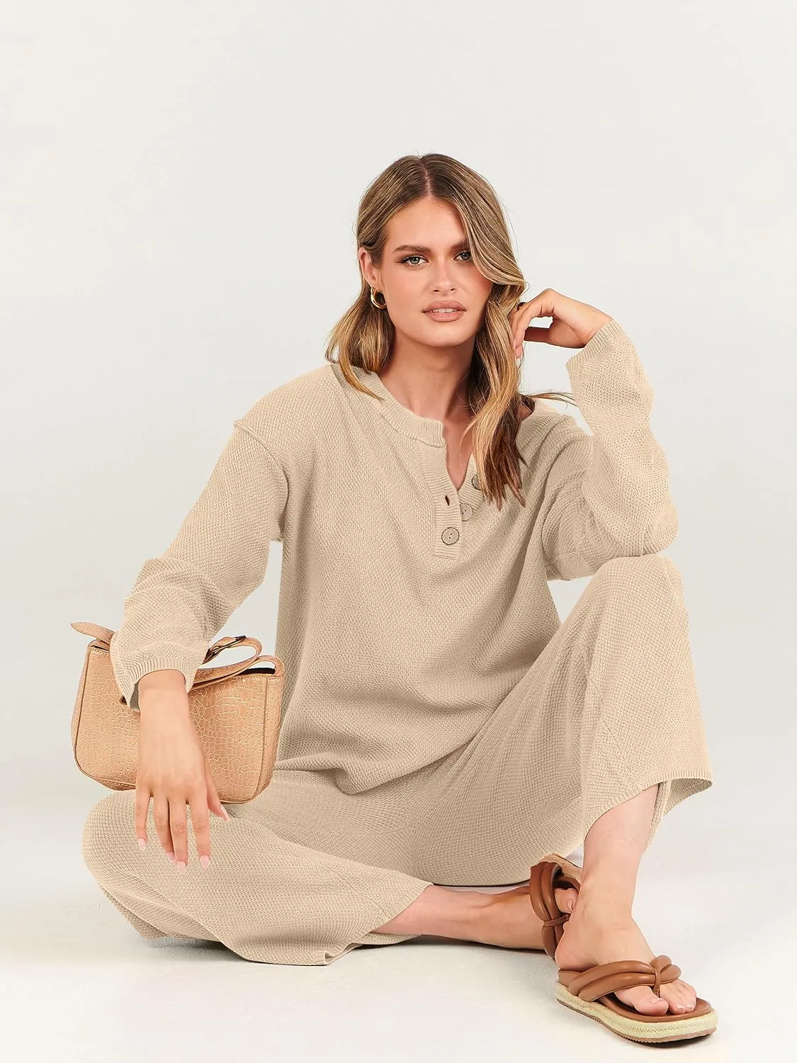 ANRABESS Women 2 Piece Outfits Oversized Loose Waffle Knit Sweater Set 2025 Fall Trendy Matching Lounge Sets Cozy Clothes