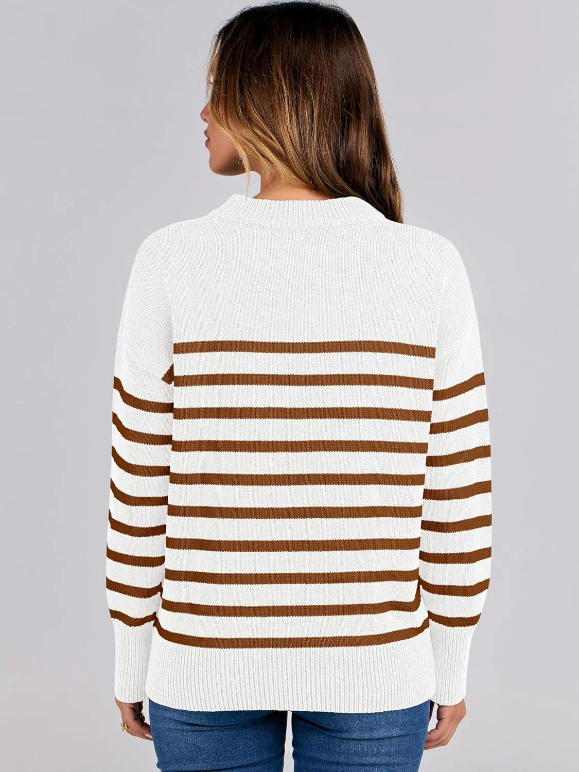 ANRABESS Women Fall Fashion Sweaters Striped Long Sleeve Crewneck Loose Fit Cozy Knit Trendy Pullover Sweater Tops