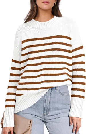 ANRABESS Women Fall Fashion Sweaters Striped Long Sleeve Crewneck Loose Fit Cozy Knit Trendy Pullover Sweater Tops