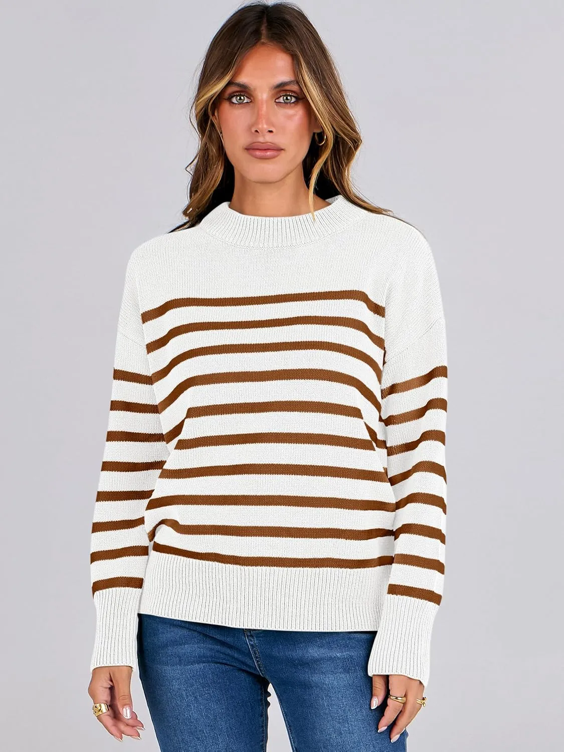 ANRABESS Women Fall Fashion Sweaters Striped Long Sleeve Crewneck Loose Fit Cozy Knit Trendy Pullover Sweater Tops