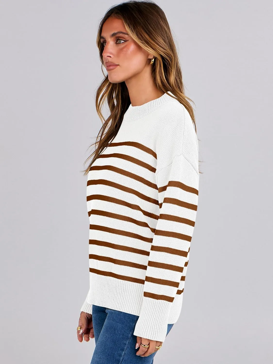ANRABESS Women Fall Fashion Sweaters Striped Long Sleeve Crewneck Loose Fit Cozy Knit Trendy Pullover Sweater Tops