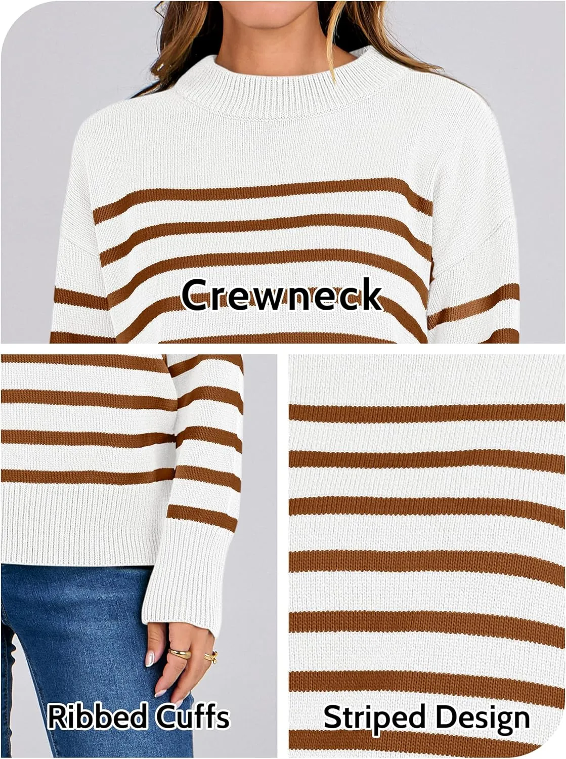 ANRABESS Women Fall Fashion Sweaters Striped Long Sleeve Crewneck Loose Fit Cozy Knit Trendy Pullover Sweater Tops