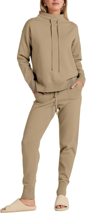 ANRABESS Women Two Piece Outfits Turtleneck Pullover Top Cozy Knit Sweater Pants Lounge Set 2024 Fall Sweatsuit Sweatsuits