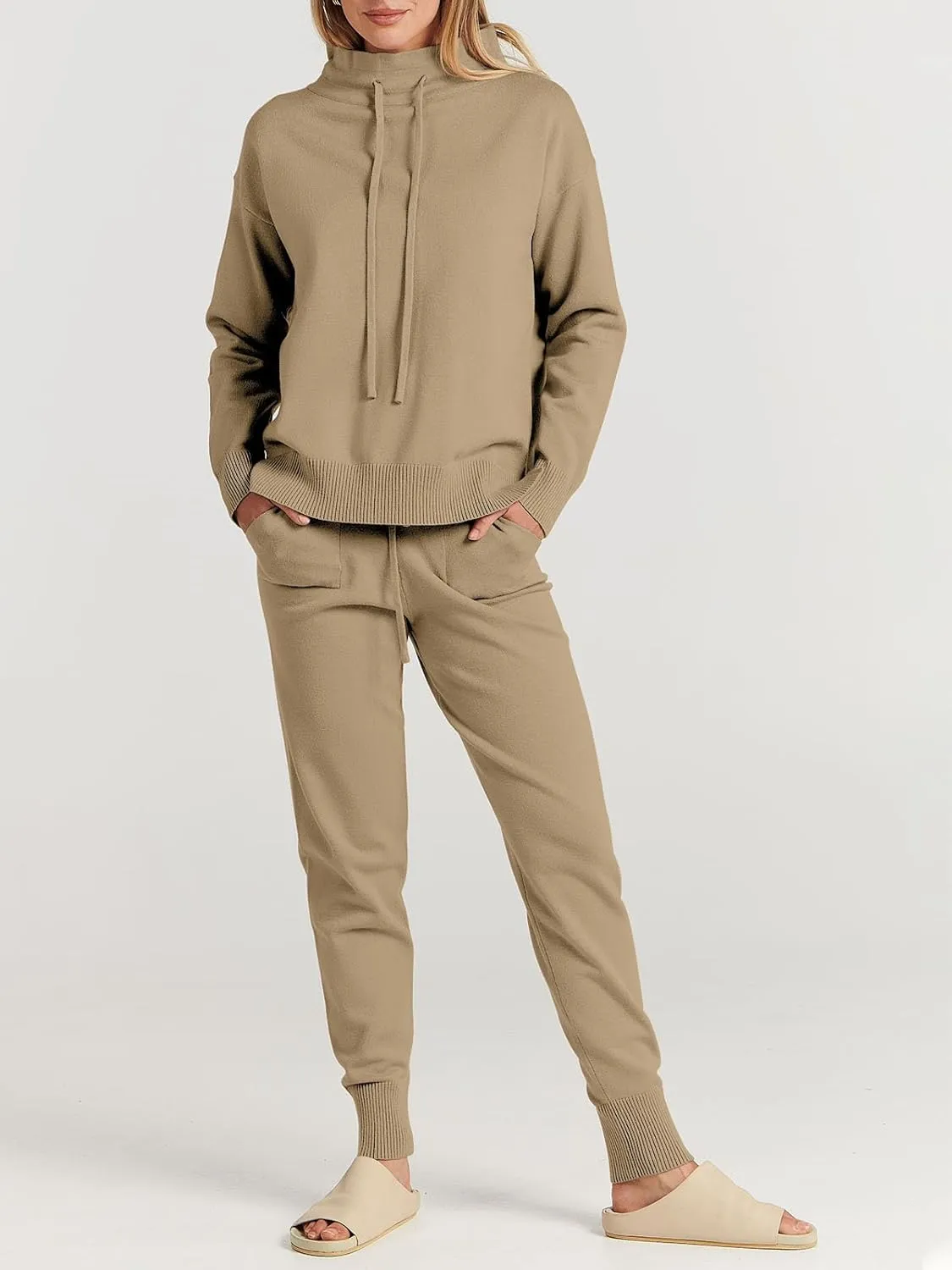 ANRABESS Women Two Piece Outfits Turtleneck Pullover Top Cozy Knit Sweater Pants Lounge Set 2024 Fall Sweatsuit Sweatsuits