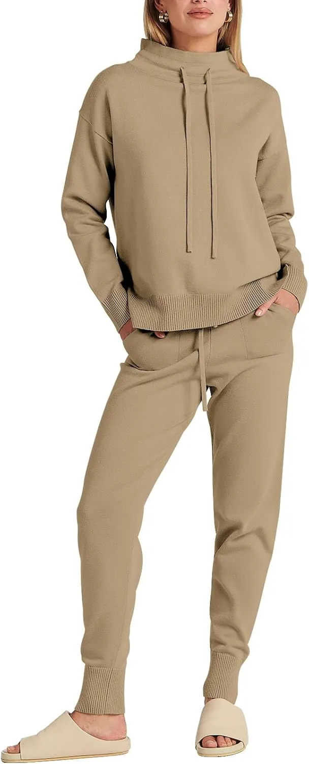 ANRABESS Women Two Piece Outfits Turtleneck Pullover Top Cozy Knit Sweater Pants Lounge Set 2024 Fall Sweatsuit Sweatsuits