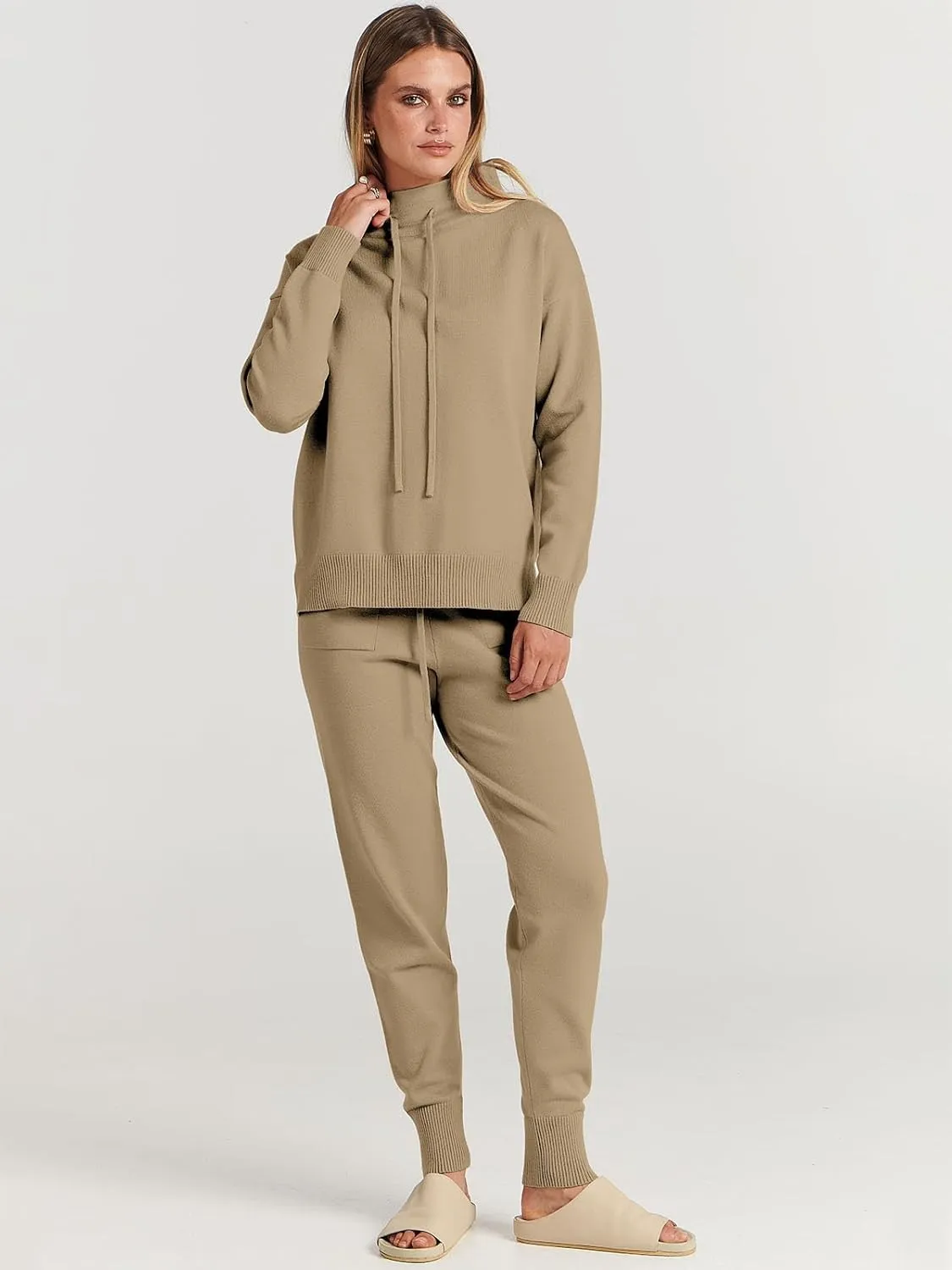 ANRABESS Women Two Piece Outfits Turtleneck Pullover Top Cozy Knit Sweater Pants Lounge Set 2024 Fall Sweatsuit Sweatsuits