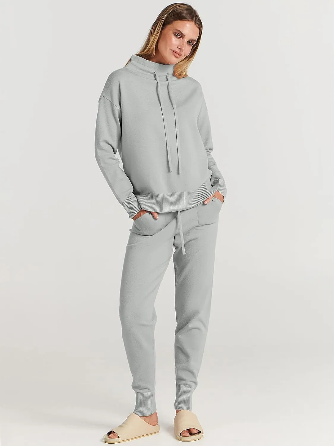 ANRABESS Women Two Piece Outfits Turtleneck Pullover Top Cozy Knit Sweater Pants Lounge Set 2024 Fall Sweatsuit Sweatsuits