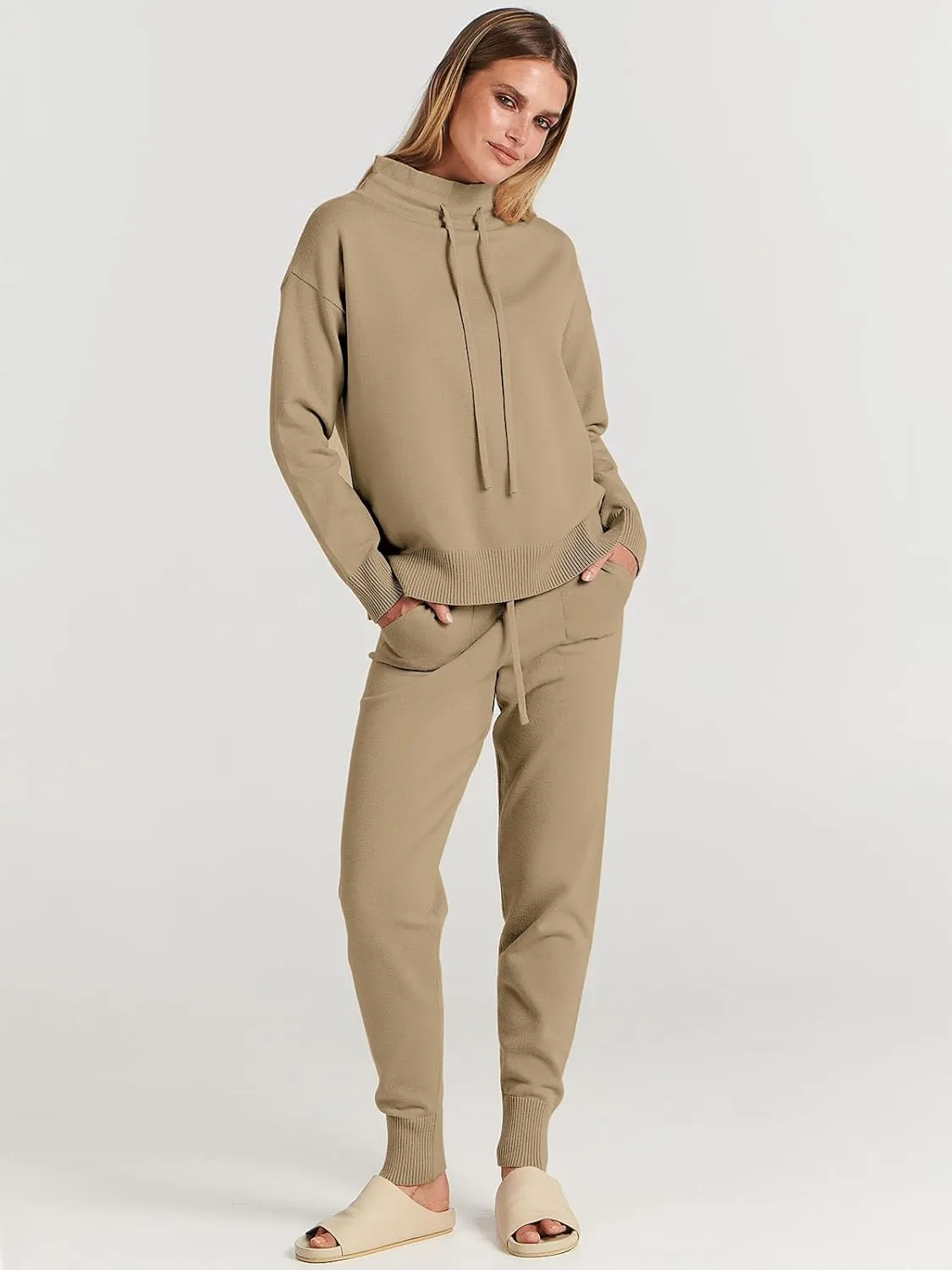 ANRABESS Women Two Piece Outfits Turtleneck Pullover Top Cozy Knit Sweater Pants Lounge Set 2024 Fall Sweatsuit Sweatsuits