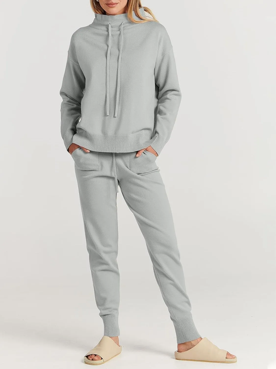 ANRABESS Women Two Piece Outfits Turtleneck Pullover Top Cozy Knit Sweater Pants Lounge Set 2024 Fall Sweatsuit Sweatsuits