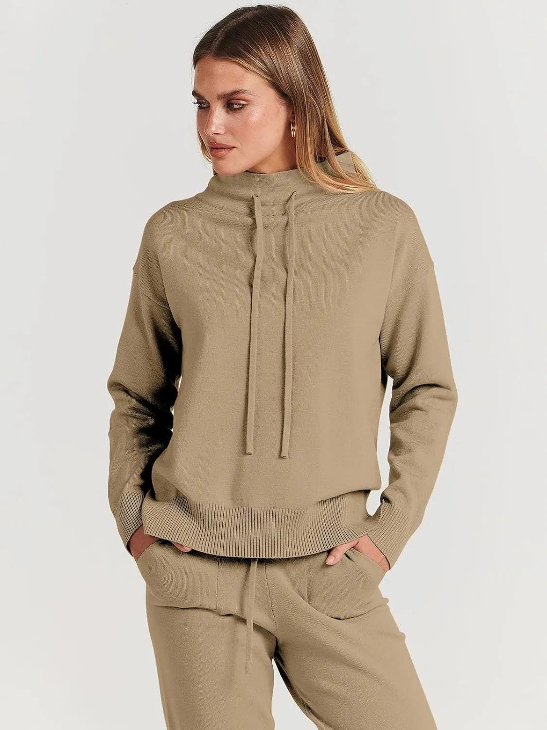 ANRABESS Women Two Piece Outfits Turtleneck Pullover Top Cozy Knit Sweater Pants Lounge Set 2024 Fall Sweatsuit Sweatsuits