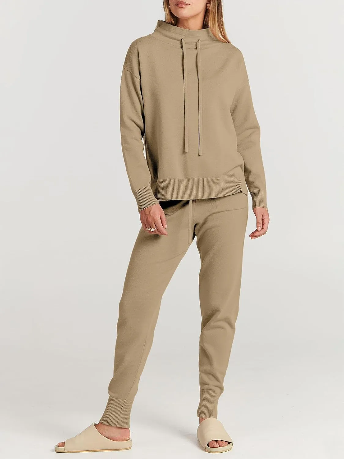 ANRABESS Women Two Piece Outfits Turtleneck Pullover Top Cozy Knit Sweater Pants Lounge Set 2024 Fall Sweatsuit Sweatsuits