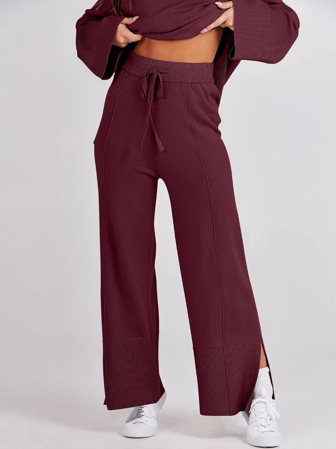 ANRABESS Womens 2 Piece Outfits Oversized Knit Sweater Set Wide Leg Pant Cozy Lounge Matching Pajama Sets 2024 Trendy Clothes