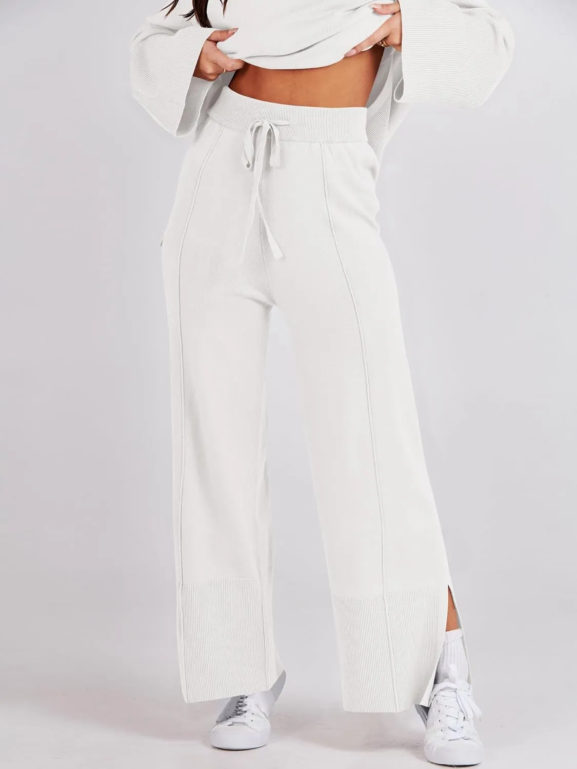 ANRABESS Womens 2 Piece Outfits Oversized Knit Sweater Set Wide Leg Pant Cozy Lounge Matching Pajama Sets 2024 Trendy Clothes