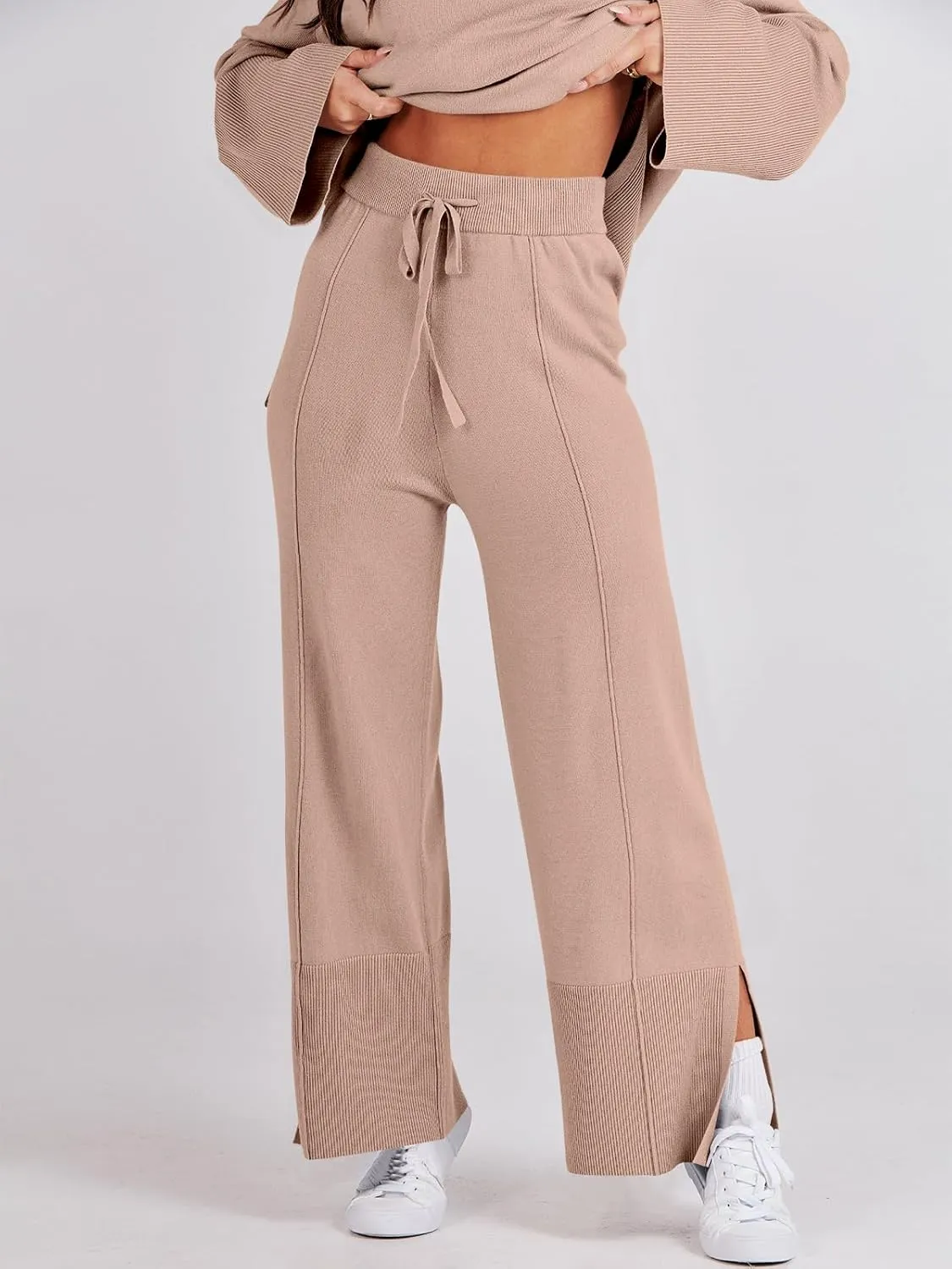 ANRABESS Womens 2 Piece Outfits Oversized Knit Sweater Set Wide Leg Pant Cozy Lounge Matching Pajama Sets 2024 Trendy Clothes