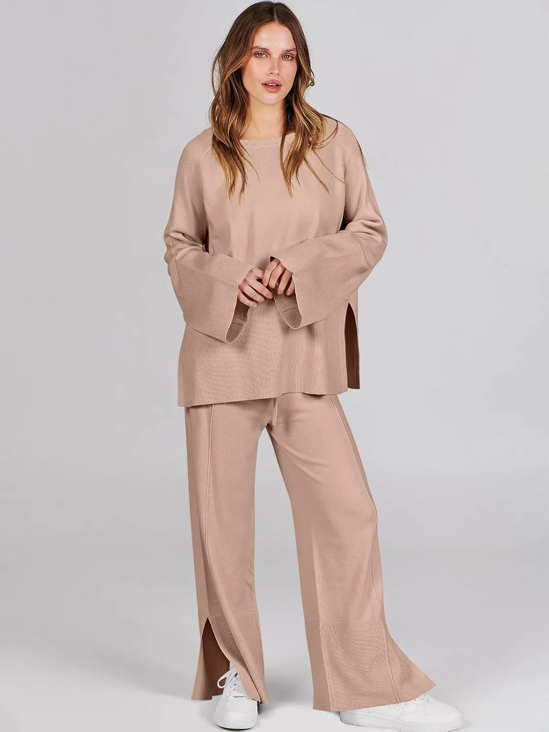 ANRABESS Womens 2 Piece Outfits Oversized Knit Sweater Set Wide Leg Pant Cozy Lounge Matching Pajama Sets 2024 Trendy Clothes