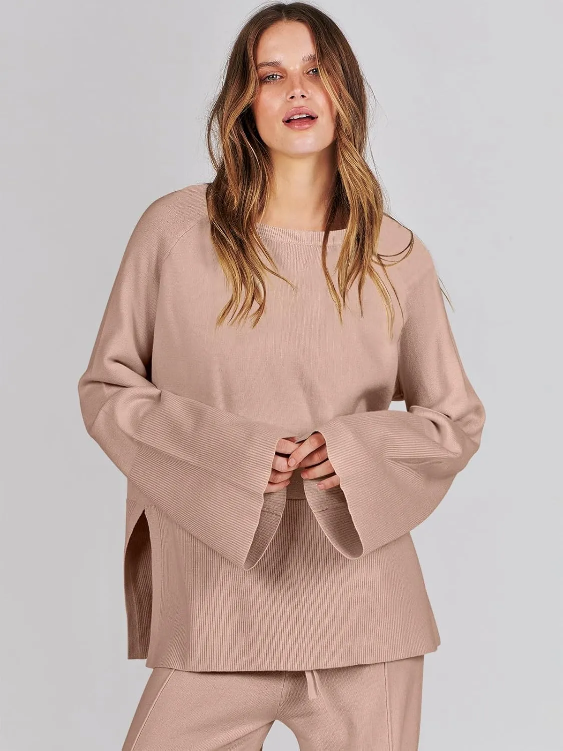 ANRABESS Womens 2 Piece Outfits Oversized Knit Sweater Set Wide Leg Pant Cozy Lounge Matching Pajama Sets 2024 Trendy Clothes