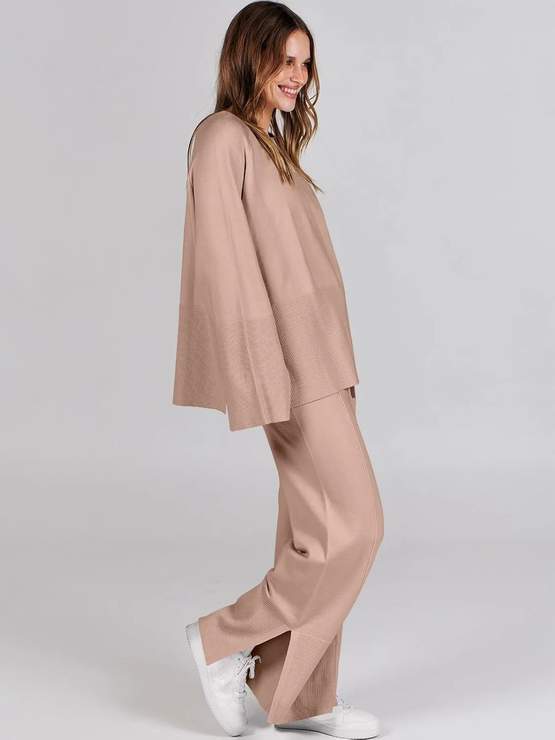 ANRABESS Womens 2 Piece Outfits Oversized Knit Sweater Set Wide Leg Pant Cozy Lounge Matching Pajama Sets 2024 Trendy Clothes