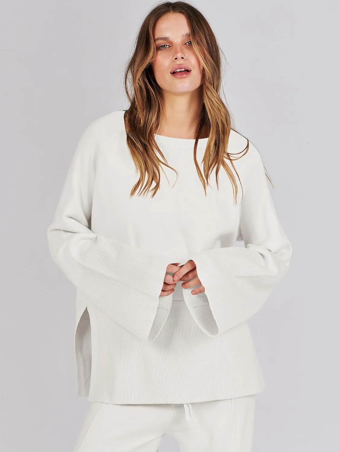 ANRABESS Womens 2 Piece Outfits Oversized Knit Sweater Set Wide Leg Pant Cozy Lounge Matching Pajama Sets 2024 Trendy Clothes