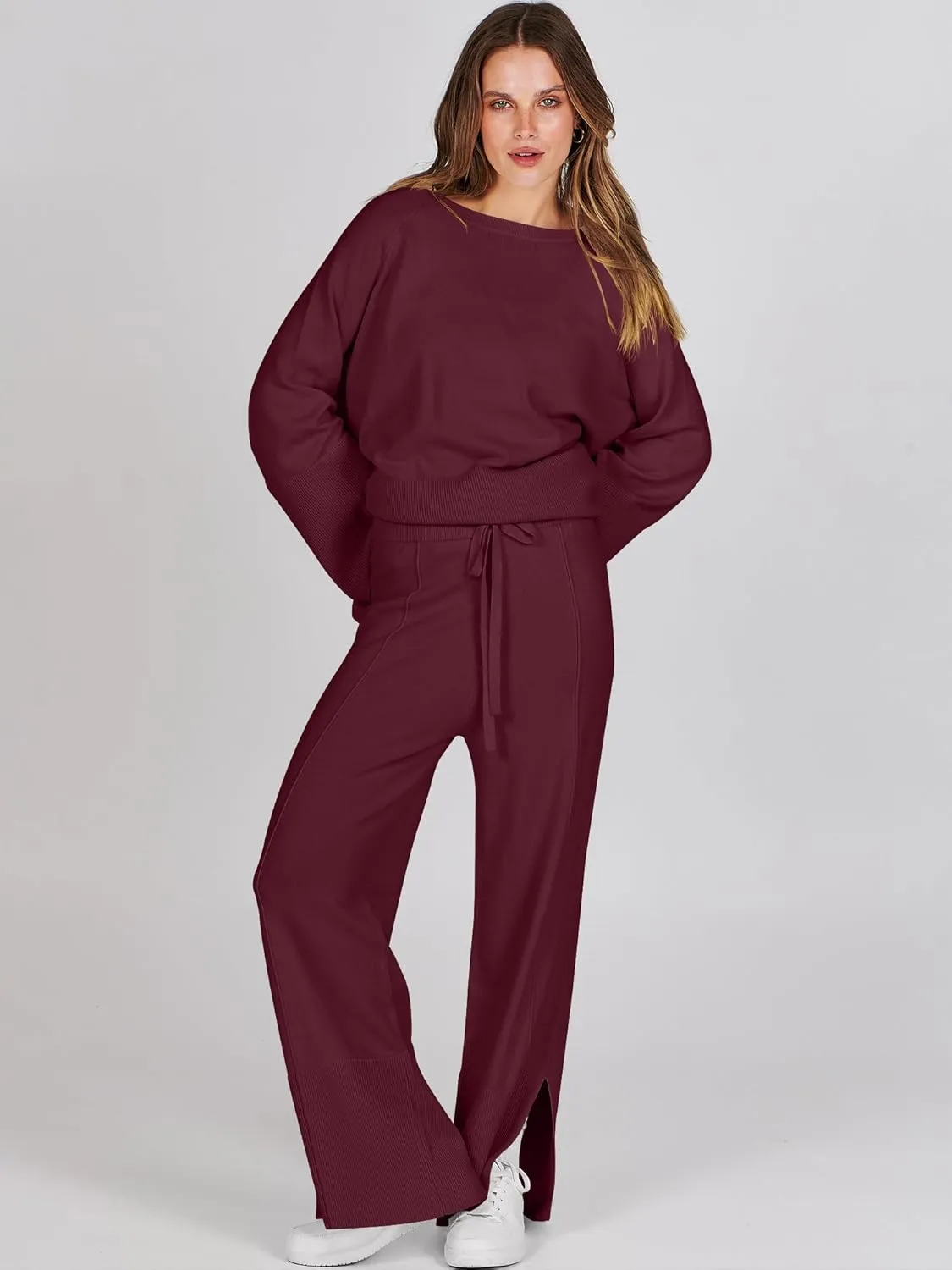 ANRABESS Womens 2 Piece Outfits Oversized Knit Sweater Set Wide Leg Pant Cozy Lounge Matching Pajama Sets 2024 Trendy Clothes