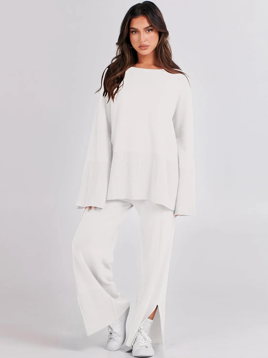 ANRABESS Womens 2 Piece Outfits Oversized Knit Sweater Set Wide Leg Pant Cozy Lounge Matching Pajama Sets 2024 Trendy Clothes