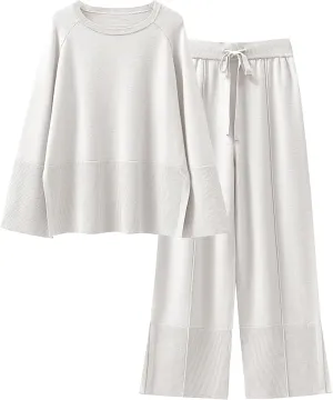 ANRABESS Womens 2 Piece Outfits Oversized Knit Sweater Set Wide Leg Pant Cozy Lounge Matching Pajama Sets 2024 Trendy Clothes