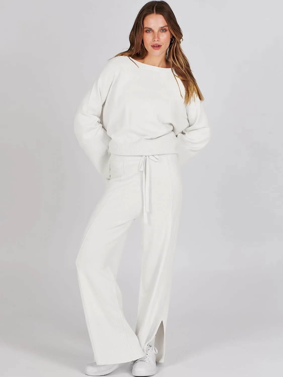 ANRABESS Womens 2 Piece Outfits Oversized Knit Sweater Set Wide Leg Pant Cozy Lounge Matching Pajama Sets 2024 Trendy Clothes