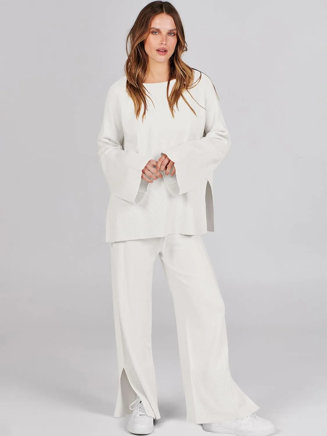 ANRABESS Womens 2 Piece Outfits Oversized Knit Sweater Set Wide Leg Pant Cozy Lounge Matching Pajama Sets 2024 Trendy Clothes
