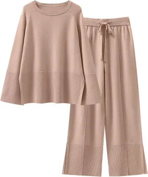 ANRABESS Womens 2 Piece Outfits Oversized Knit Sweater Set Wide Leg Pant Cozy Lounge Matching Pajama Sets 2024 Trendy Clothes