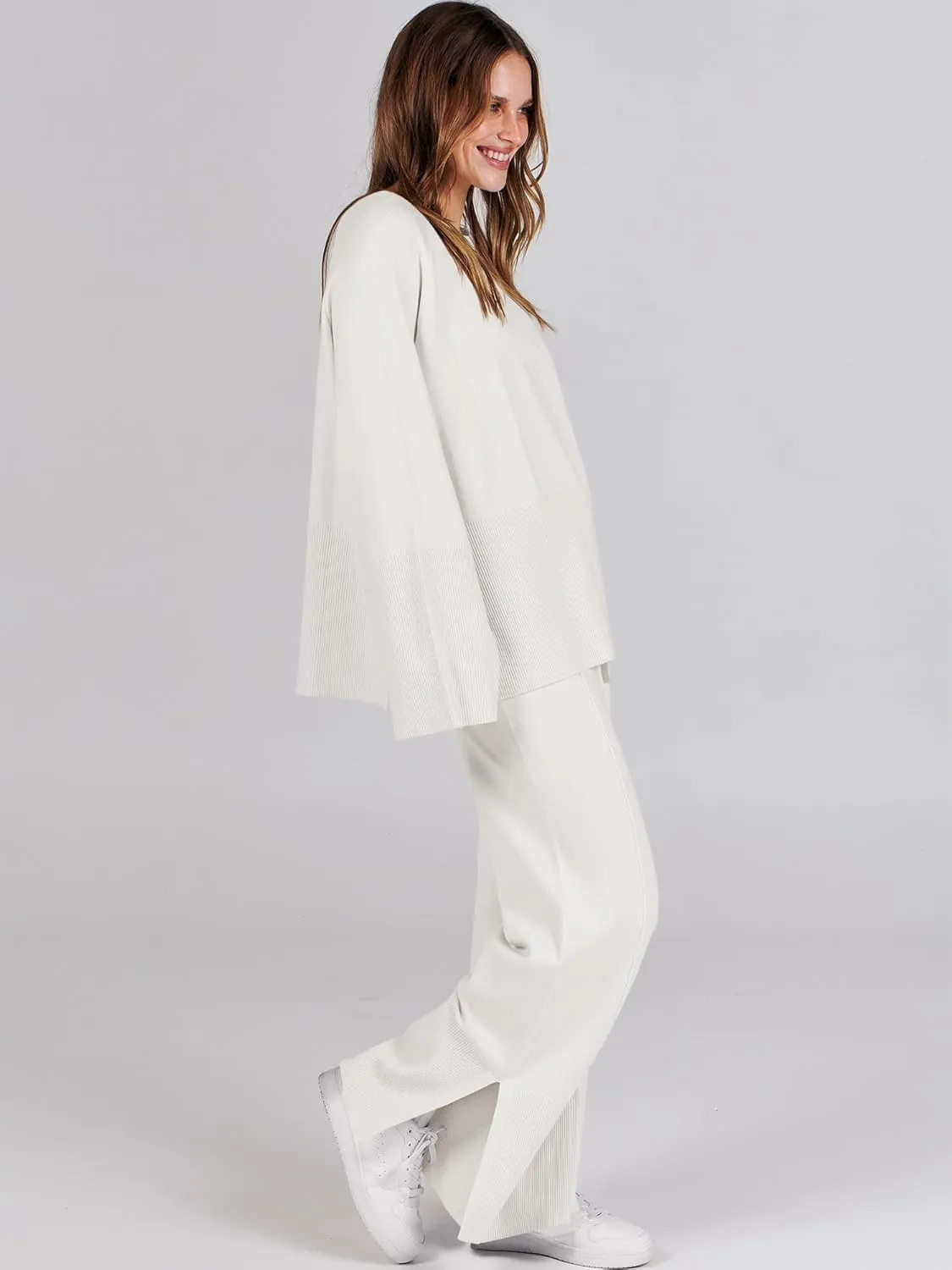 ANRABESS Womens 2 Piece Outfits Oversized Knit Sweater Set Wide Leg Pant Cozy Lounge Matching Pajama Sets 2024 Trendy Clothes