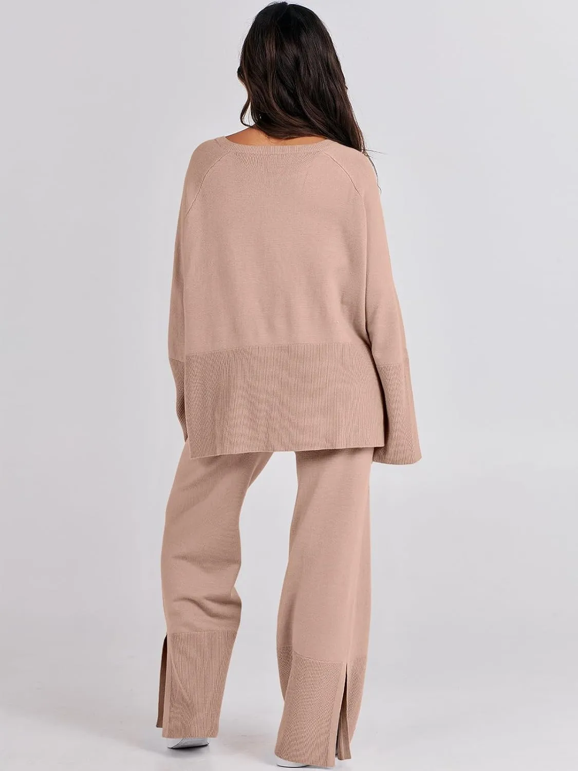 ANRABESS Womens 2 Piece Outfits Oversized Knit Sweater Set Wide Leg Pant Cozy Lounge Matching Pajama Sets 2024 Trendy Clothes
