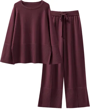 ANRABESS Womens 2 Piece Outfits Oversized Knit Sweater Set Wide Leg Pant Cozy Lounge Matching Pajama Sets 2024 Trendy Clothes