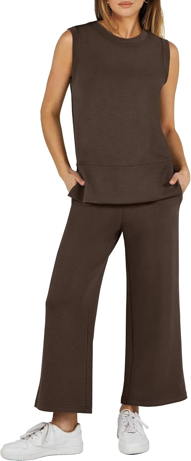 ANRABESS Women's 2 Piece Sets Summer Travel Airplane Outfits Sleeveless Wide Leg Casual Lounge Matching Sweat Set Sweatsuits