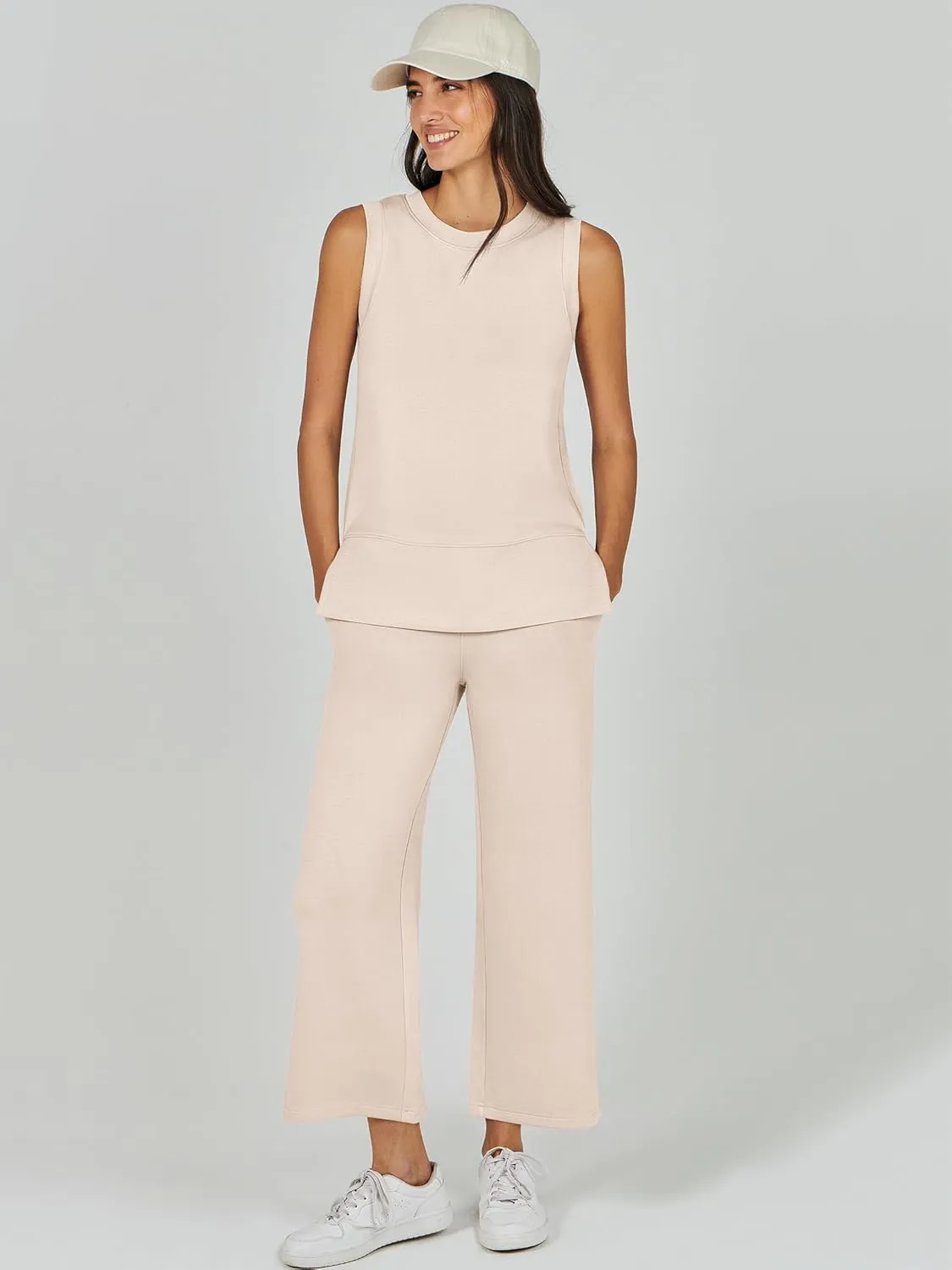 ANRABESS Women's 2 Piece Sets Summer Travel Airplane Outfits Sleeveless Wide Leg Casual Lounge Matching Sweat Set Sweatsuits