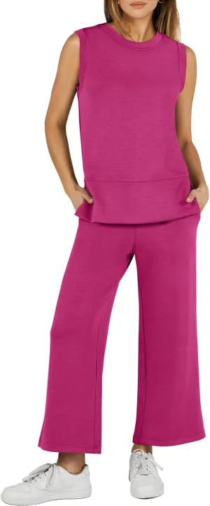 ANRABESS Women's 2 Piece Sets Summer Travel Airplane Outfits Sleeveless Wide Leg Casual Lounge Matching Sweat Set Sweatsuits