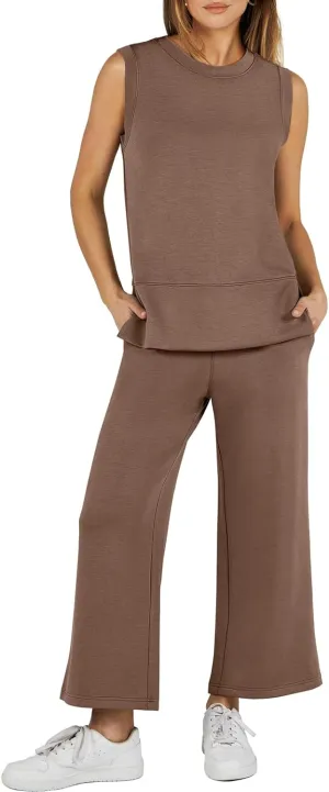 ANRABESS Women's 2 Piece Sets Summer Travel Airplane Outfits Sleeveless Wide Leg Casual Lounge Matching Sweat Set Sweatsuits