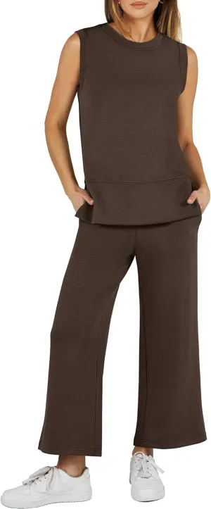 ANRABESS Women's 2 Piece Sets Summer Travel Airplane Outfits Sleeveless Wide Leg Casual Lounge Matching Sweat Set Sweatsuits
